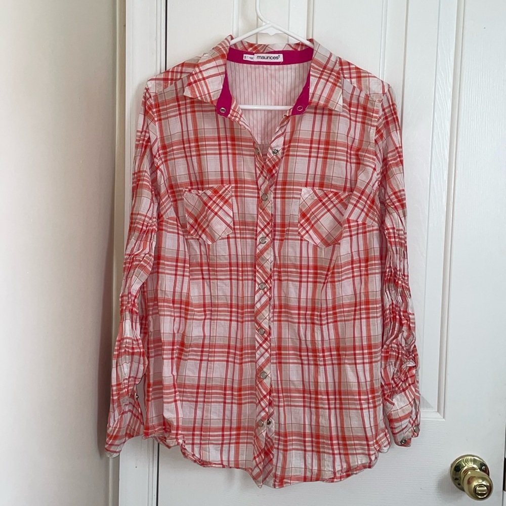 Maurices Pink, Tan and White Plaid  Women’s Button Down Shirt